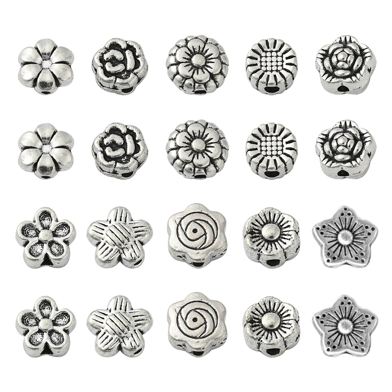 Stiesy 100Pcs 10 Styles Flower Beads Tibetan Silver Floral Beads Antique Style Plum Blossom Flower Beads for Jewelry Making DIY Crafts Gift â image 1