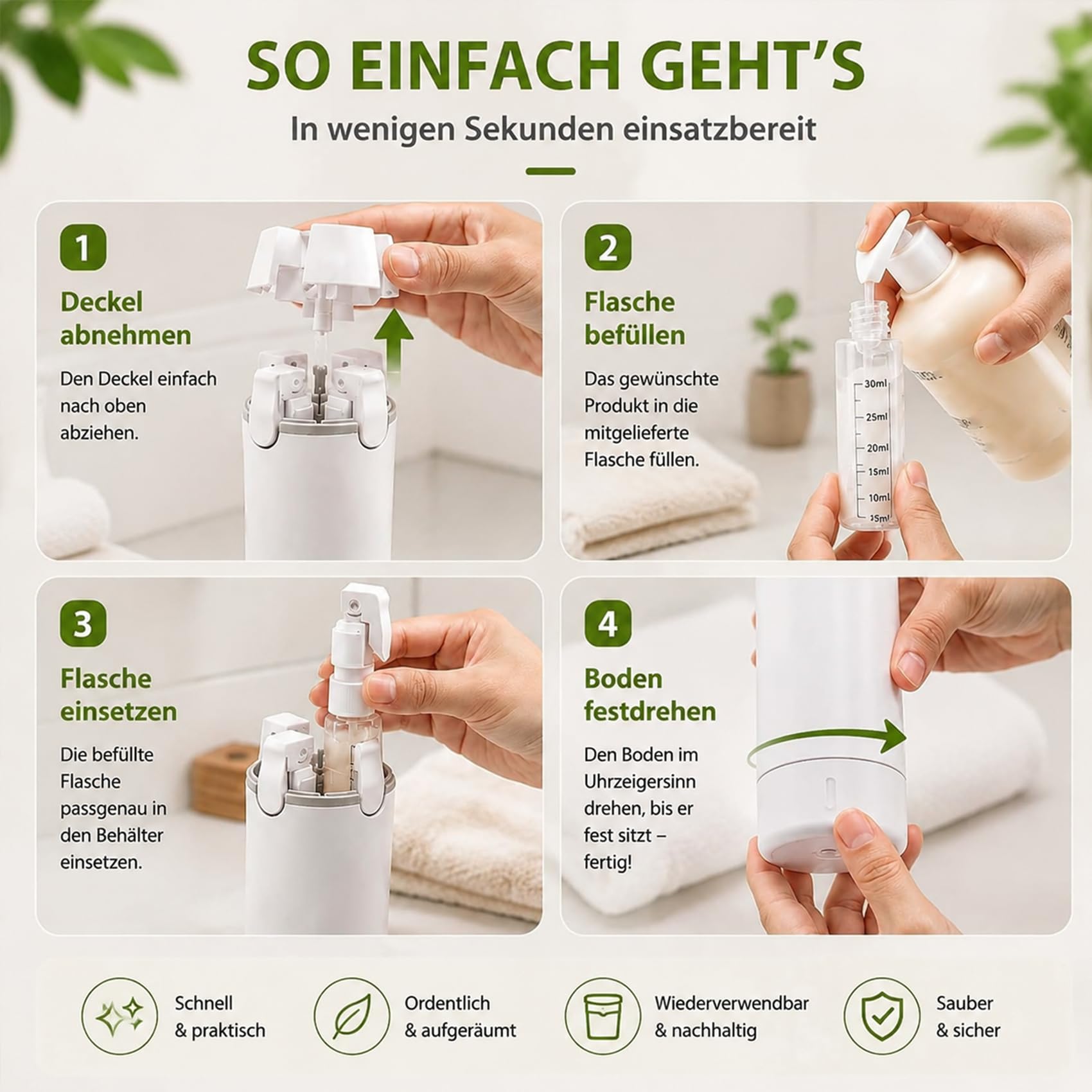 Mycleanvo Spender, Cleanvo 4-In-1 Reise- & Gym-Spender, My Cleanvo Auslaufsicheres Reiseflaschen-Set Mit Skalierung und Etikett, Die Ideale Wahl für Reisen und Fitness (Weiß)