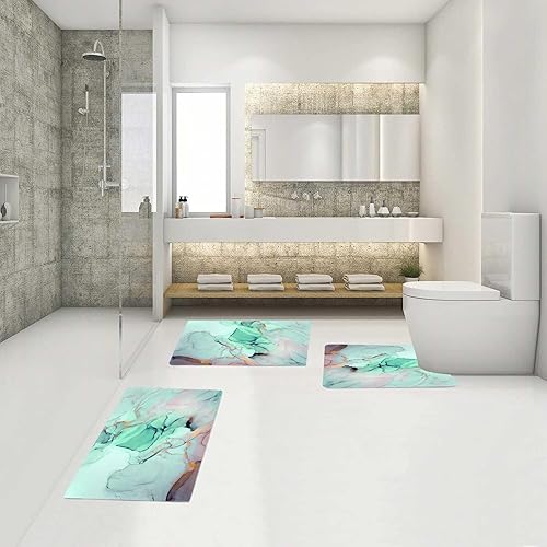 Miniatura 2 de EMMTEEY Juego de 3 alfombras de baño de color turquesa, verde azulado Mabrle, cómodas alfombras de baño, súper absorbentes, ultrafinas, de perfil