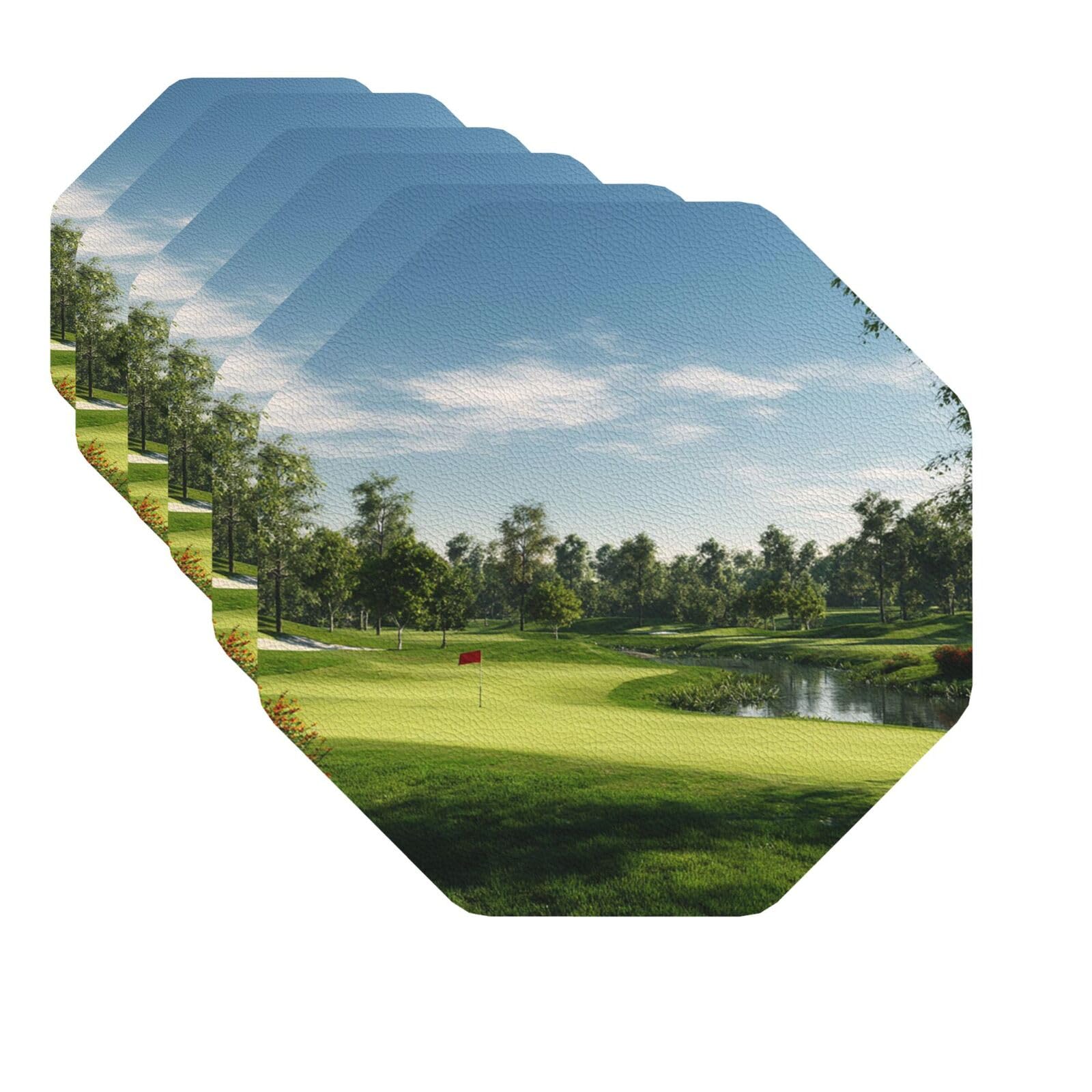 Mxzerfkgla Octagon Drink Coasters Set Of 6 Decorative Leather Coasters Golf Course Coasters For Drinks Cups Mugs Mat Pads Absorbent Non-Slip Coasters For Coffee Table Kitchen Bar Home Decor