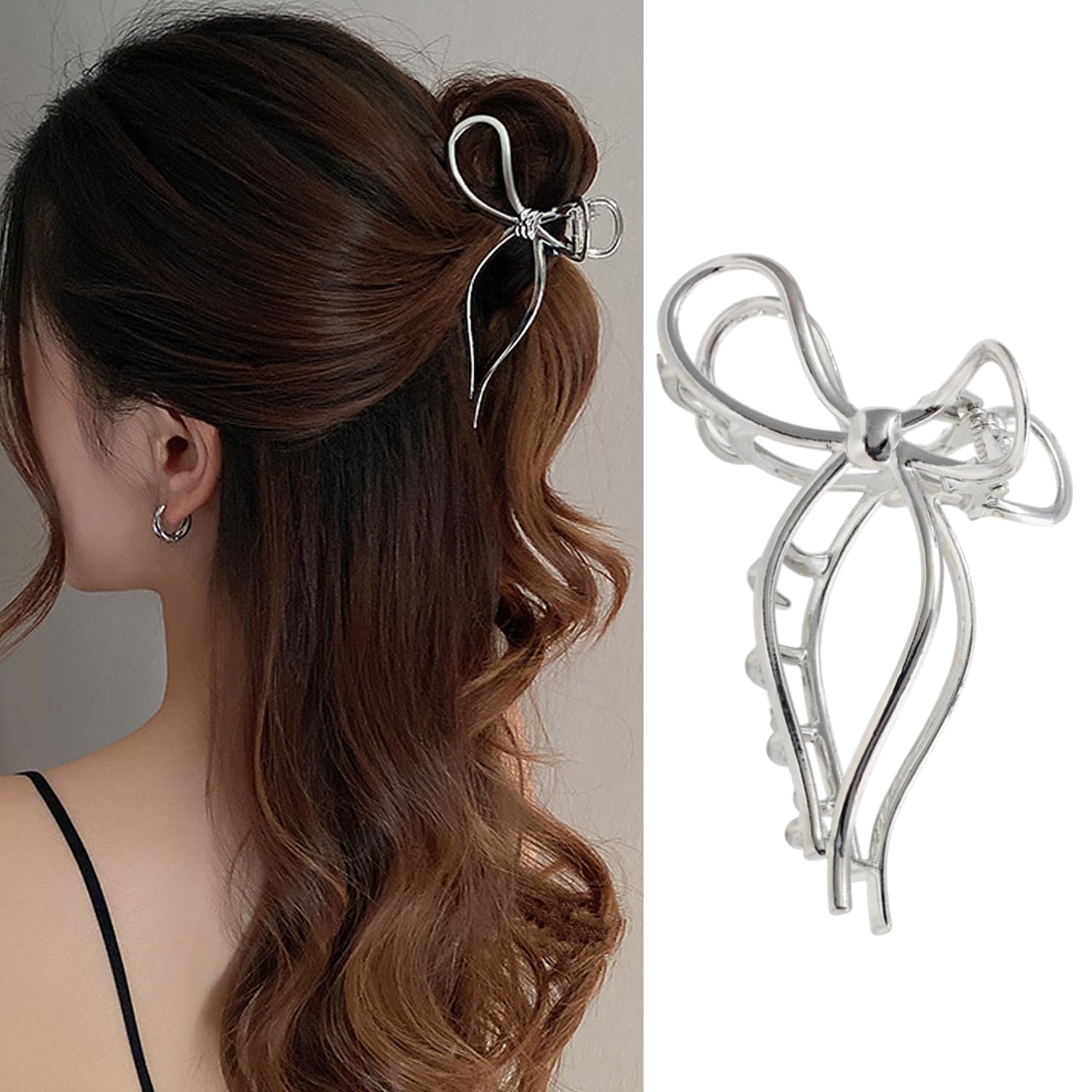 S.A.V.I Silver Metal Bow Hair Claw Clip for Women, 11.5 cm Large Butterfly Design, Strong Hold Non-Slip Jaw for Thick Long Hair, Korean Style Elegant Accessory To Use Daily & For Party-picture-38