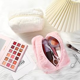 SOIDRAM 2 Pieces Makeup Bag Cute Cosmetic Bag Plush Pink White Makeup Pouch Coquette Travel Toiletry Bag Organizer Fluffy Makeup Brushes Puffy Storage Bag for Women
