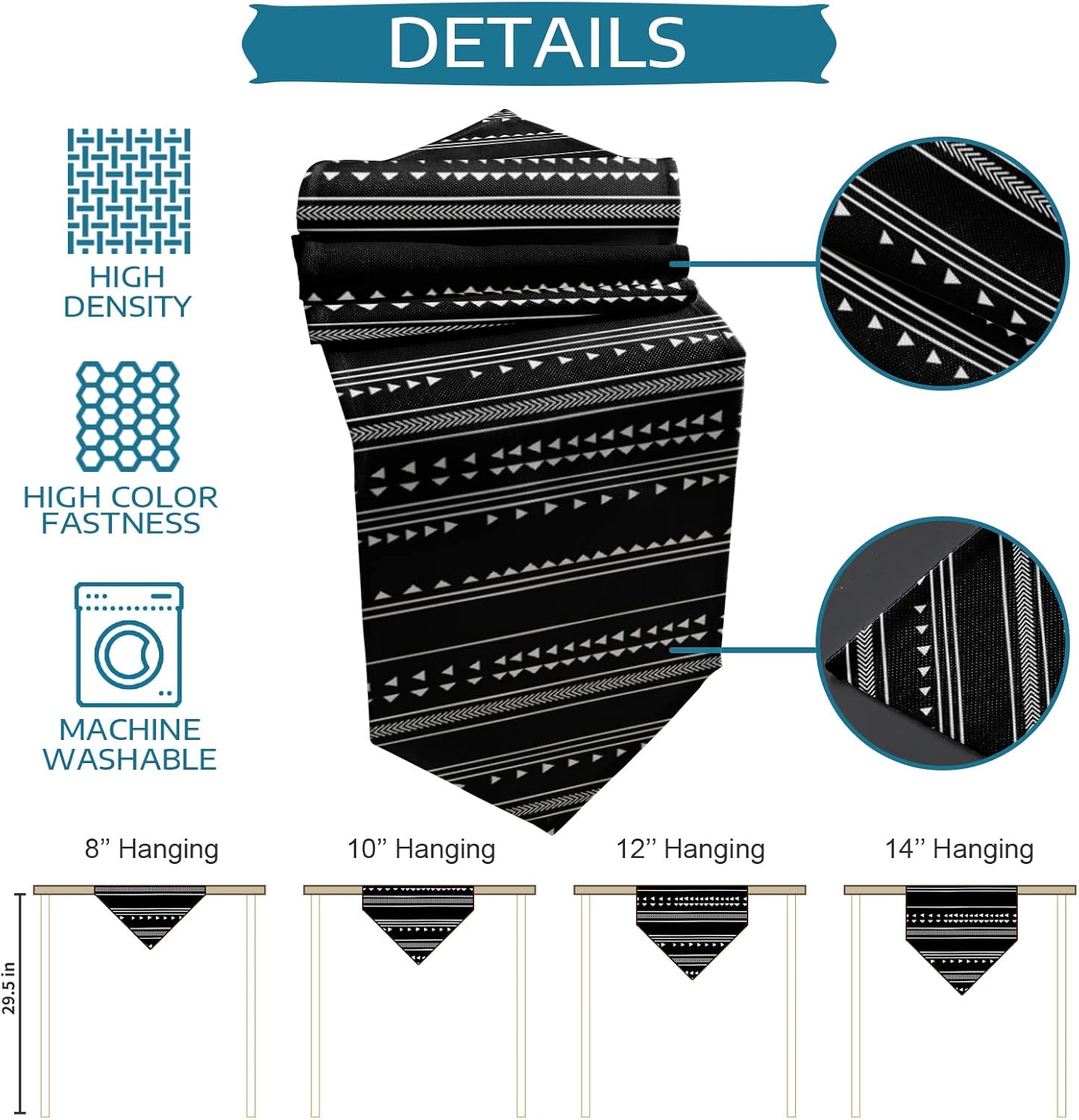 Burlap Placemat with Compatible Table Runner, Bohemian Stripe Geometric Print Boho Black Vintage Farmhouse Decor Kitchen Placemat Set for Holiday Birthday Party (4pcs placemats + Table Runner)