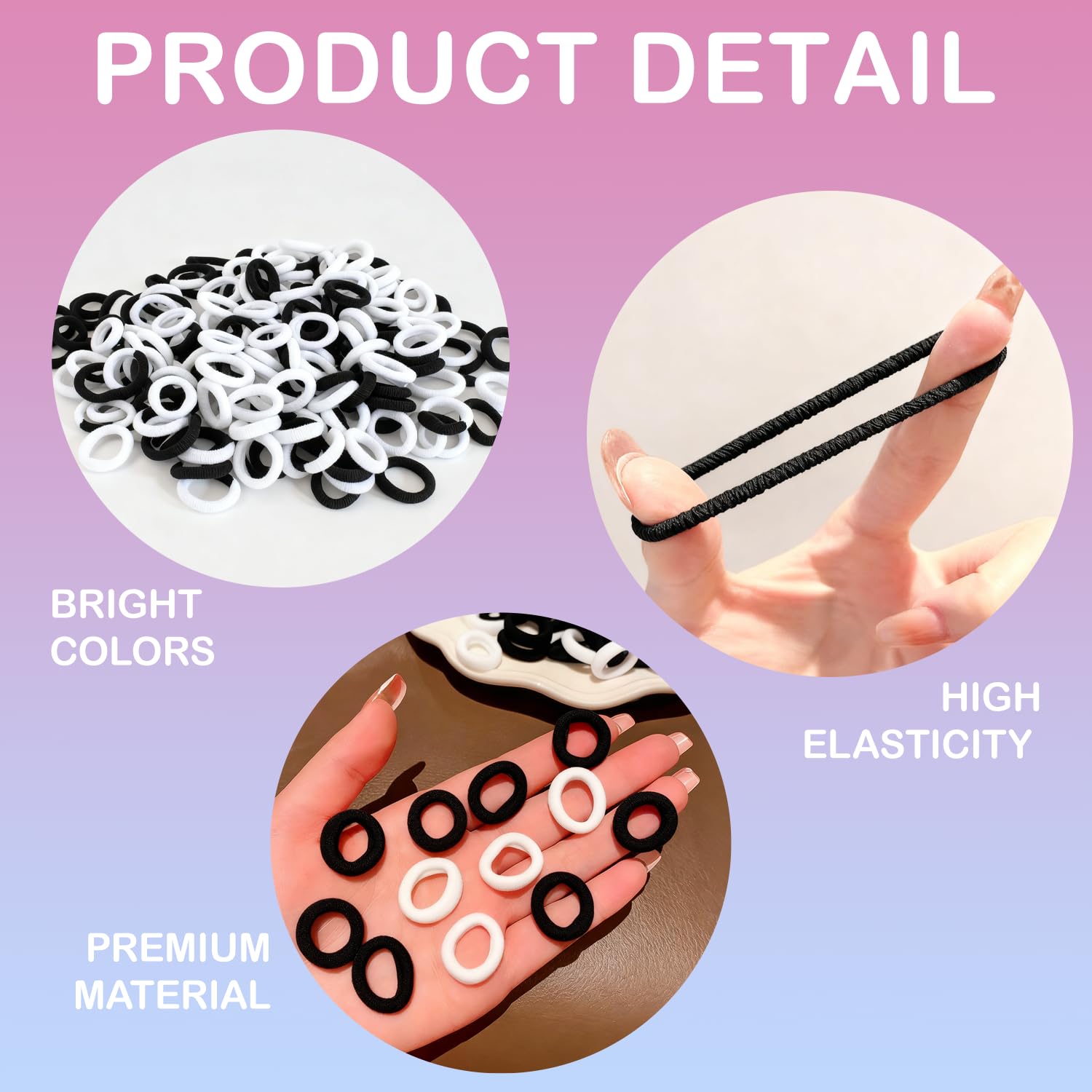 300 Élastiques Cheveux Bébé, Jolis Porte-queue Élastiques 20mm pour Filles, Enfants, Bébés, Tout-petits (Noir, Blanc)