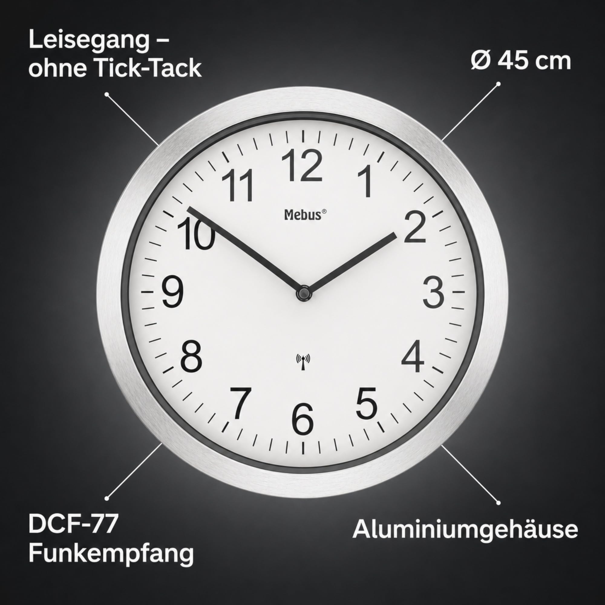 Reloj de Pared Extragrande, tamaño XXL, Radio, silencioso, sin segundero, Esfera Blanca, 45 cm de diámetro