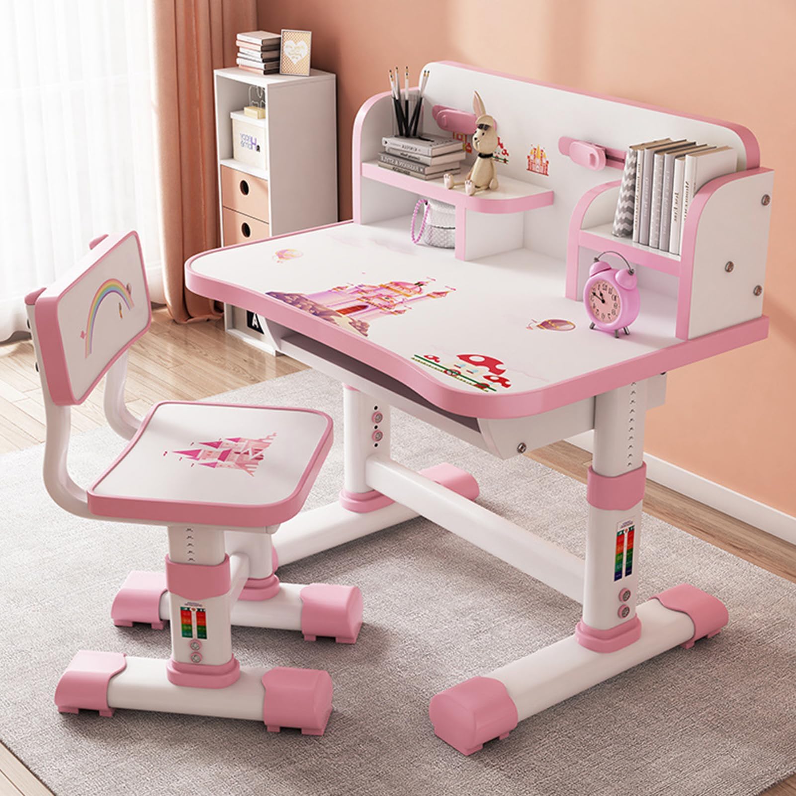 Kids Desk and Chair Set, Study Table With Golden Distance Design, Homeschooling Writing Desk With Desktop for Boys and Girls