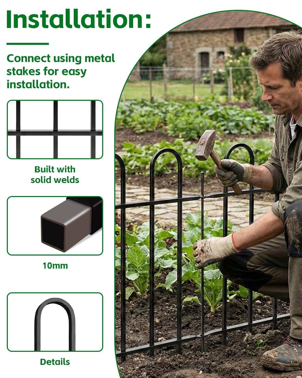ARIFARO Gartenzaun Metall 5er Set, 61 cm hoch, 2,8 m Gesamtlänge, dekorativer Steckzaun für Blumenbeet, Rasen und Wege, Beeteinfassung und kleiner Beetzaun für Garten, Vorgarten und Terrasse, Schwarz