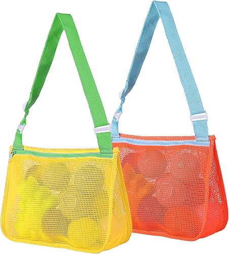 Paquete de 2 bolsas de playa de malla para niños bolsas de recolección de conchas coloridas para niños y niñas bolsas de tesoros de playa para niños