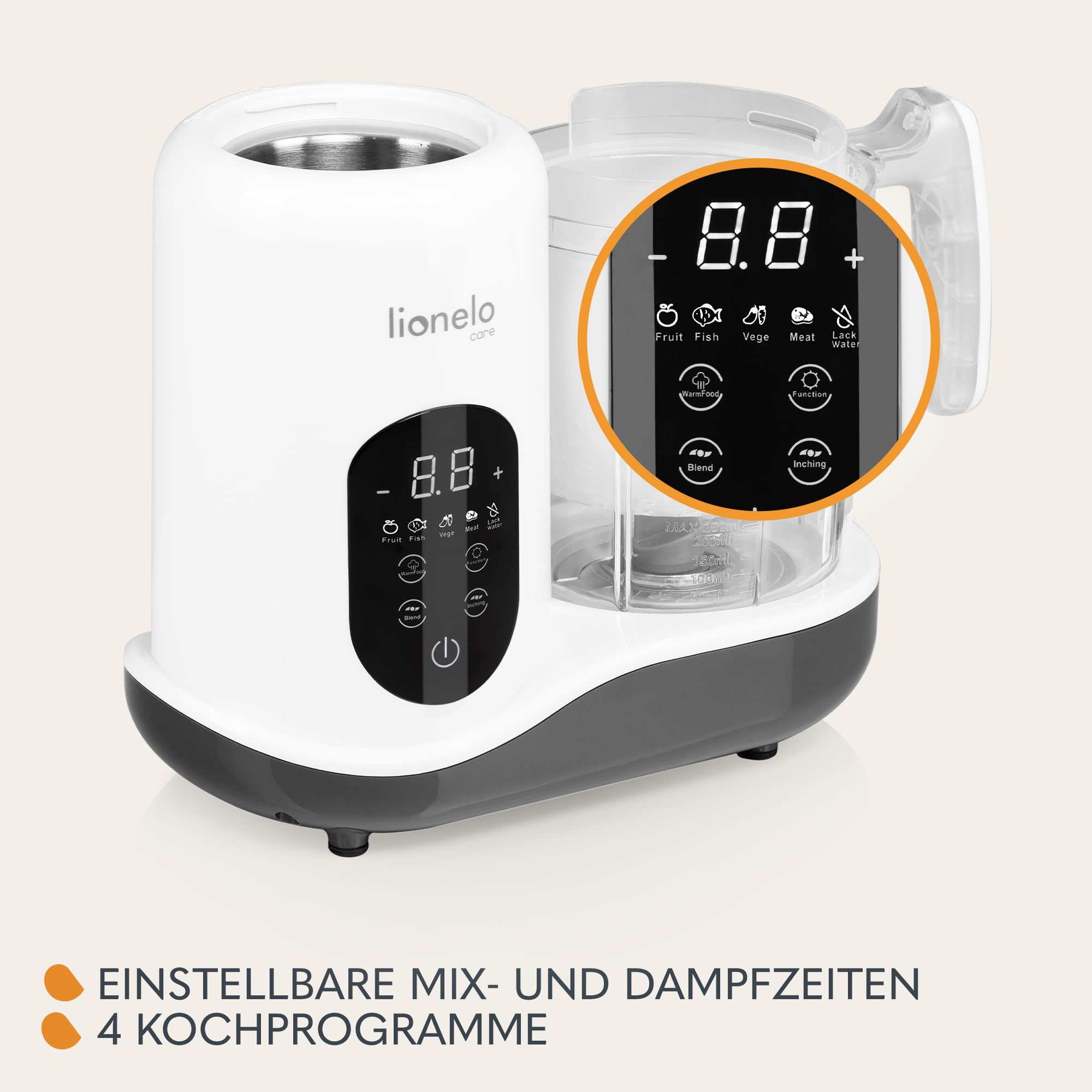 LIONELO BABYMENU Küchenmaschine zur Zubereitung von Babynahrung | 4 Programme Dämpfen, Mixen, Erhitzen, Auftauen, Online-Rezepte, Weiß