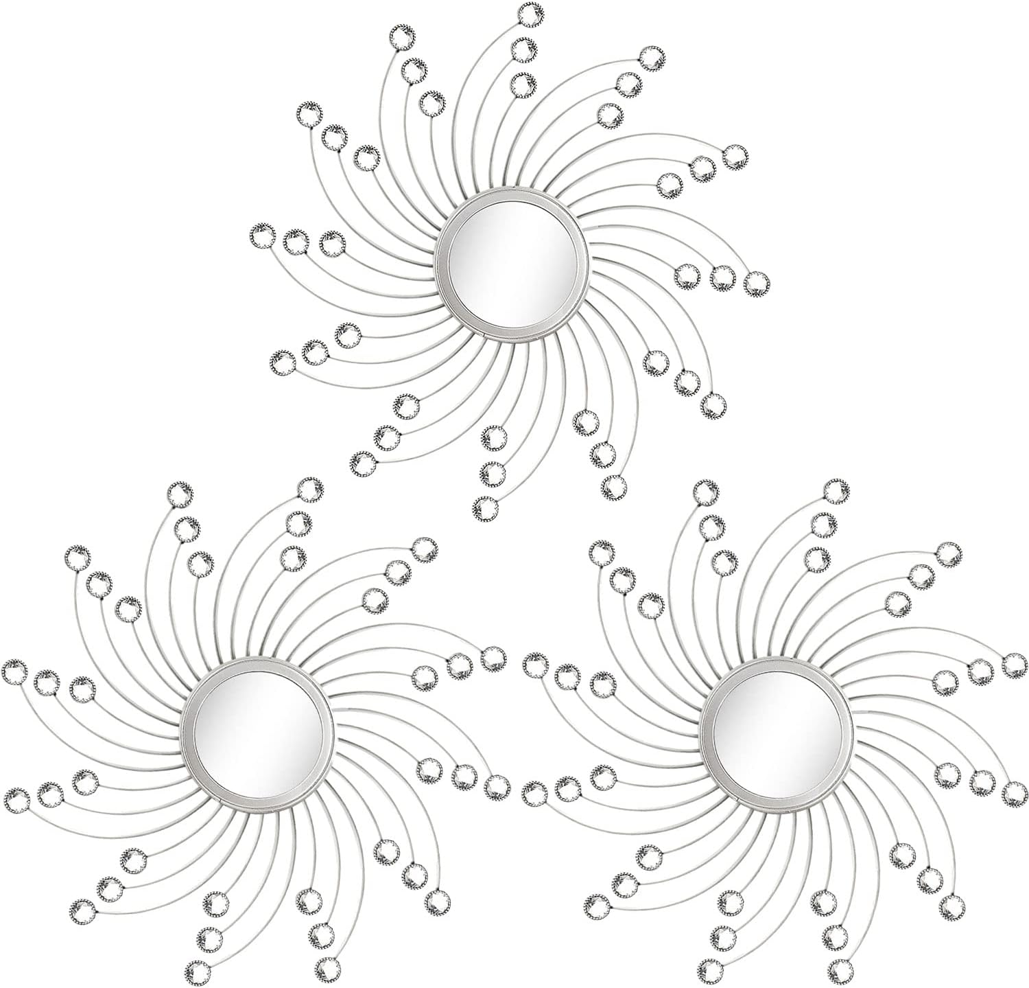 Uaussi 3 Pack Rhinestone Acrylic Diamond Wall Mirror Décor Decorative Starburst Mirror Set for Hallway Bathroom Bedroom (13.5 in (Each), Curved Starburst Silver)