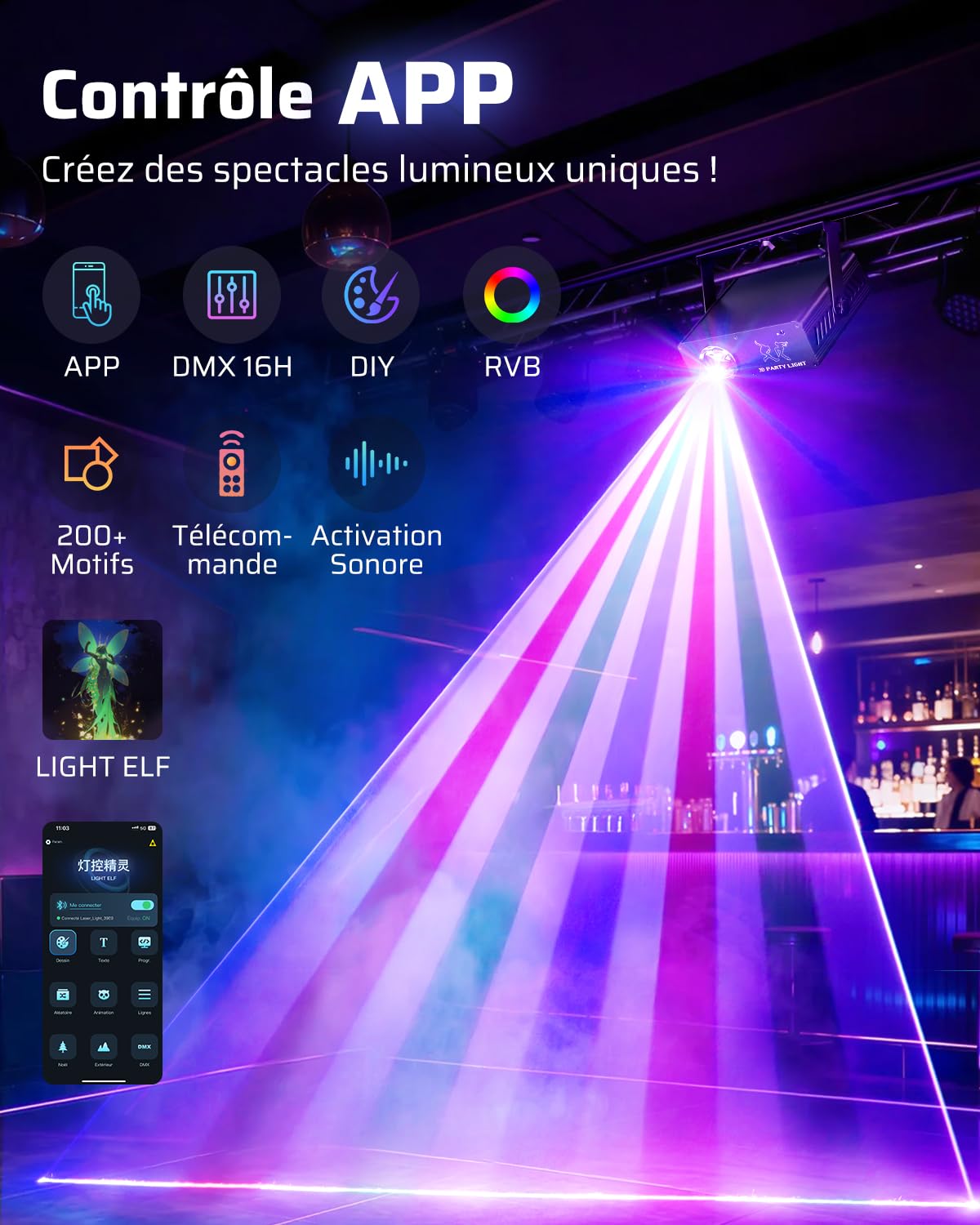 KeoBin Jeux de Lumière DJ, 3D DIY Animations & Texte Personnalisable