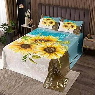 Feelyou Abstract Quilted Coverlet Sunflowers Yellow Flroral Bedspread for Boys Girls Children Grey Blue Brown Modern Abstract Art Coverlet Set Room Decor Queen Size Quilted 3Pcs