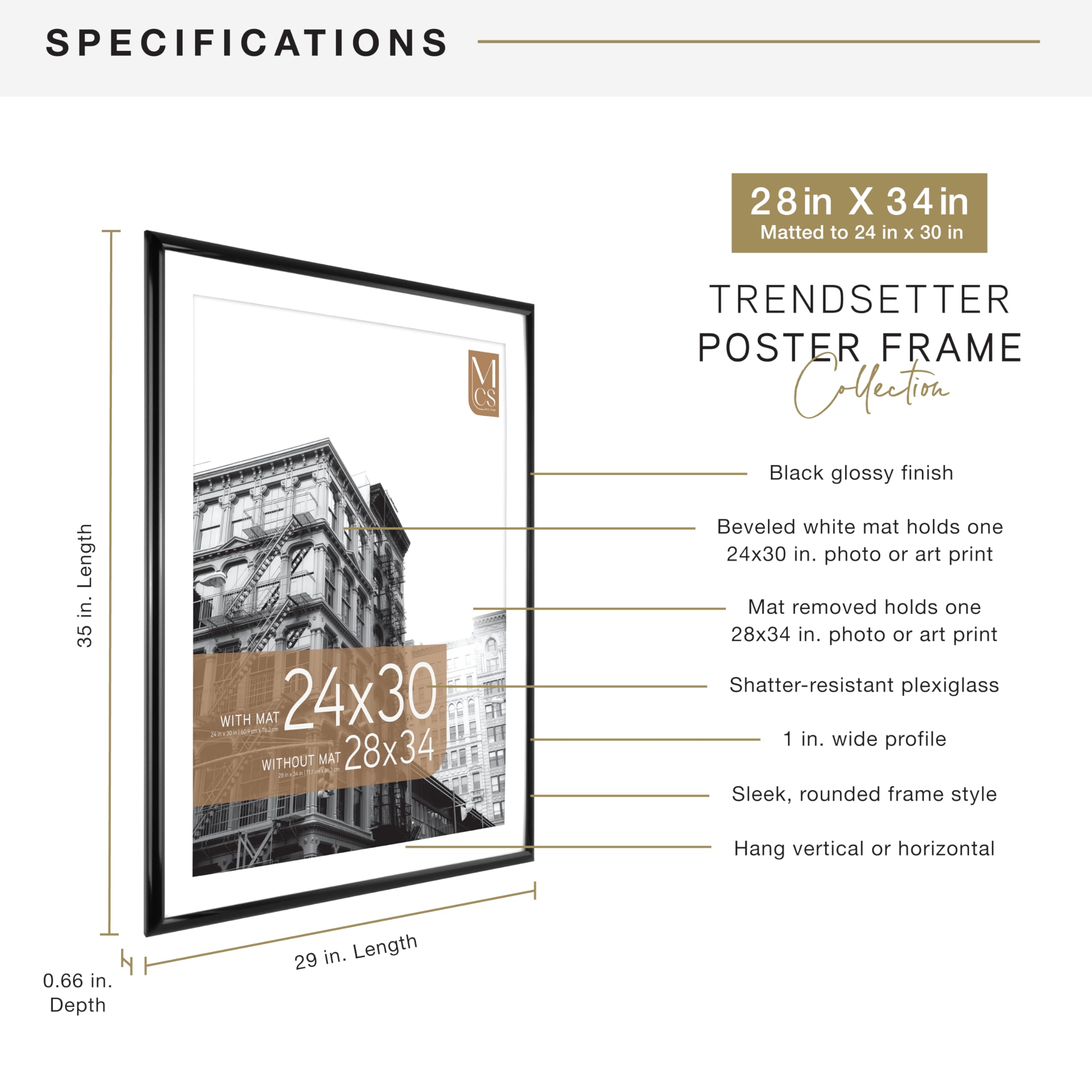 MCS Trendsetter ramka na plakat, 28 x 34, 24 x 30 cm, z matą lub 28 x 34 bez maty, pionowa i pozioma wisząca na ścianie, duża ramka na zdjęcia i plakaty, czarna (1 opakowanie)