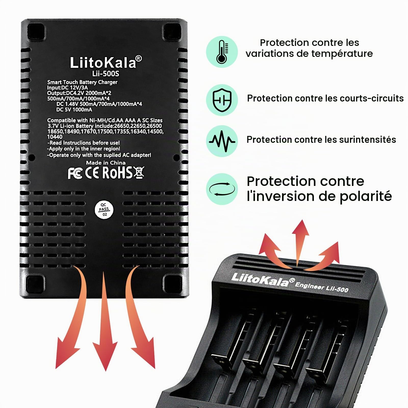 LiitoKala Lii-500 Chargeur de Batterie avec écran LCD, Sortie USB 5V Mobile, pour 26650 18650 14550 Li-Lion(4.2V) AA AAA Ni-MH(1.48V), Adaptateur d'alimentation 12V2A Dédié, 4 Emplacements