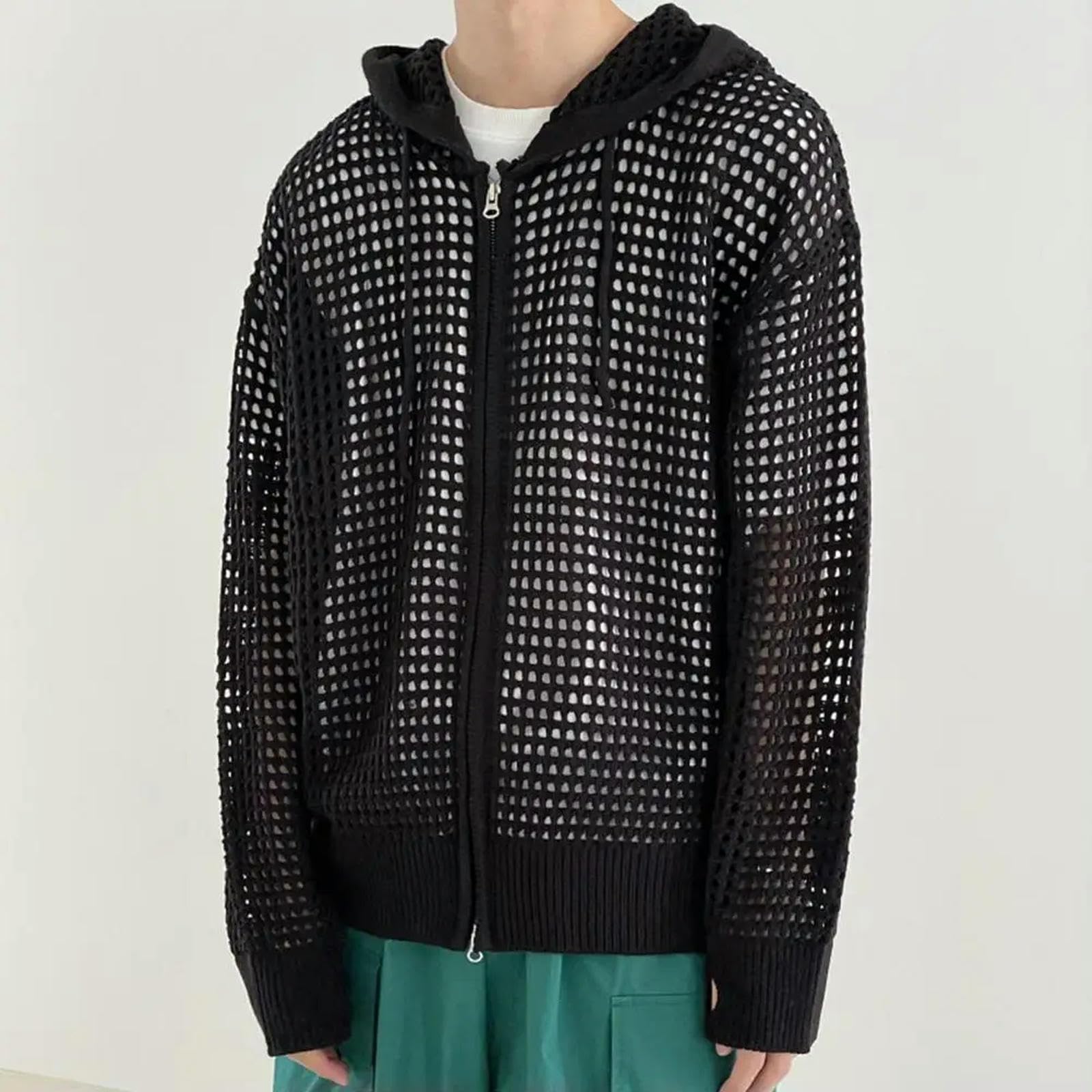 Cardigan Design Cavo Giacca da Uomo con Cappuccio con Cappuccio Hip Hop Cardigan Chiusura Maschile con Cappuccio Maschile