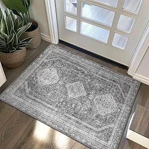 GENIMO 2x3 Non Slip Area Rug Doormat, Machine Washable & Low Pile, Vintage Small Lightweight Rugs for Entryway, Hallway, Kitchen, Bathroom and Bedroom, Gray