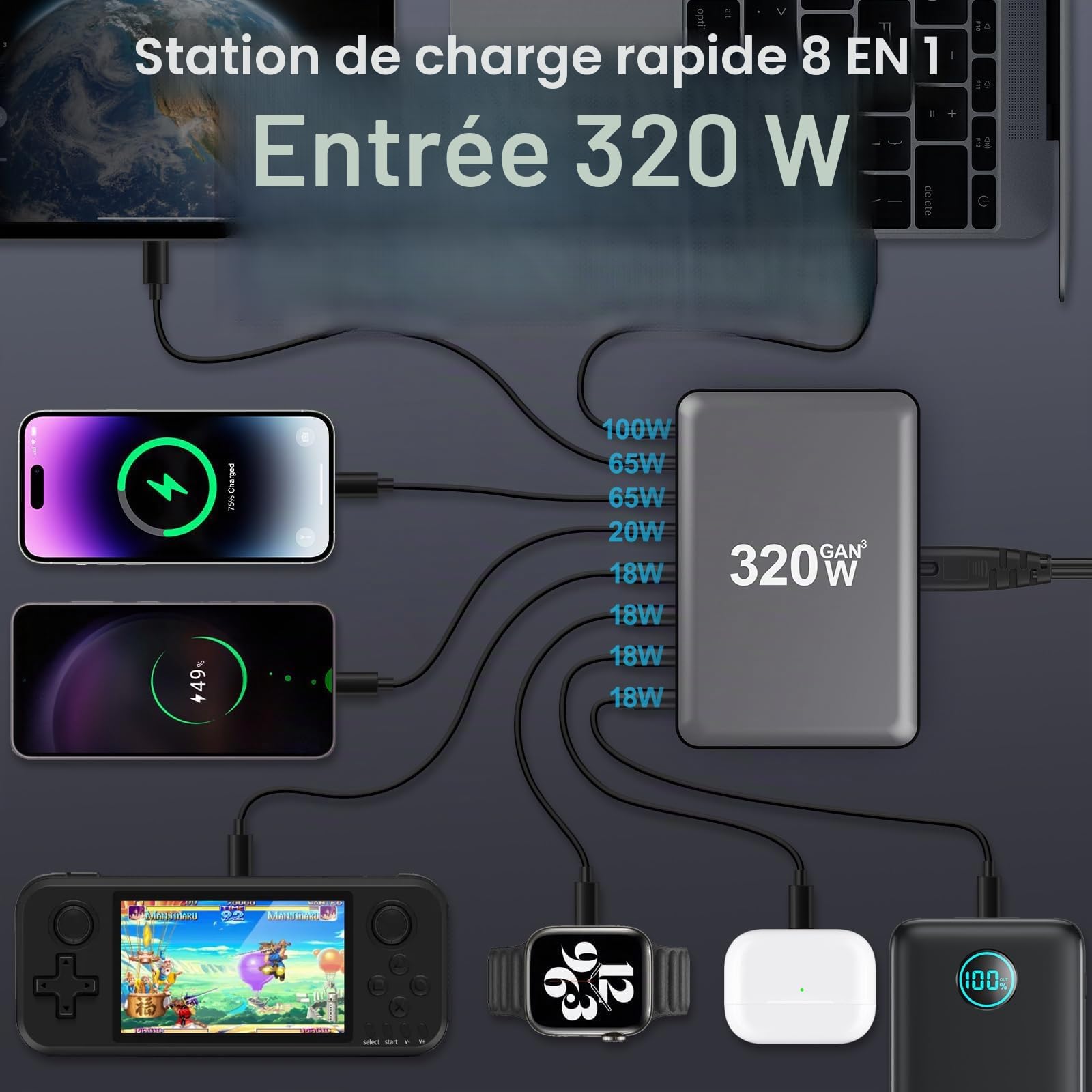 USB C Charger Block 320W 8 Port GaN3 Fast Charging Station Compatible with Laptop,ipad, iPhone 16/15/14/13 /12 Pro Max Fast Charger Pixel Note MacBook Pro/Air USB C Charger for Android