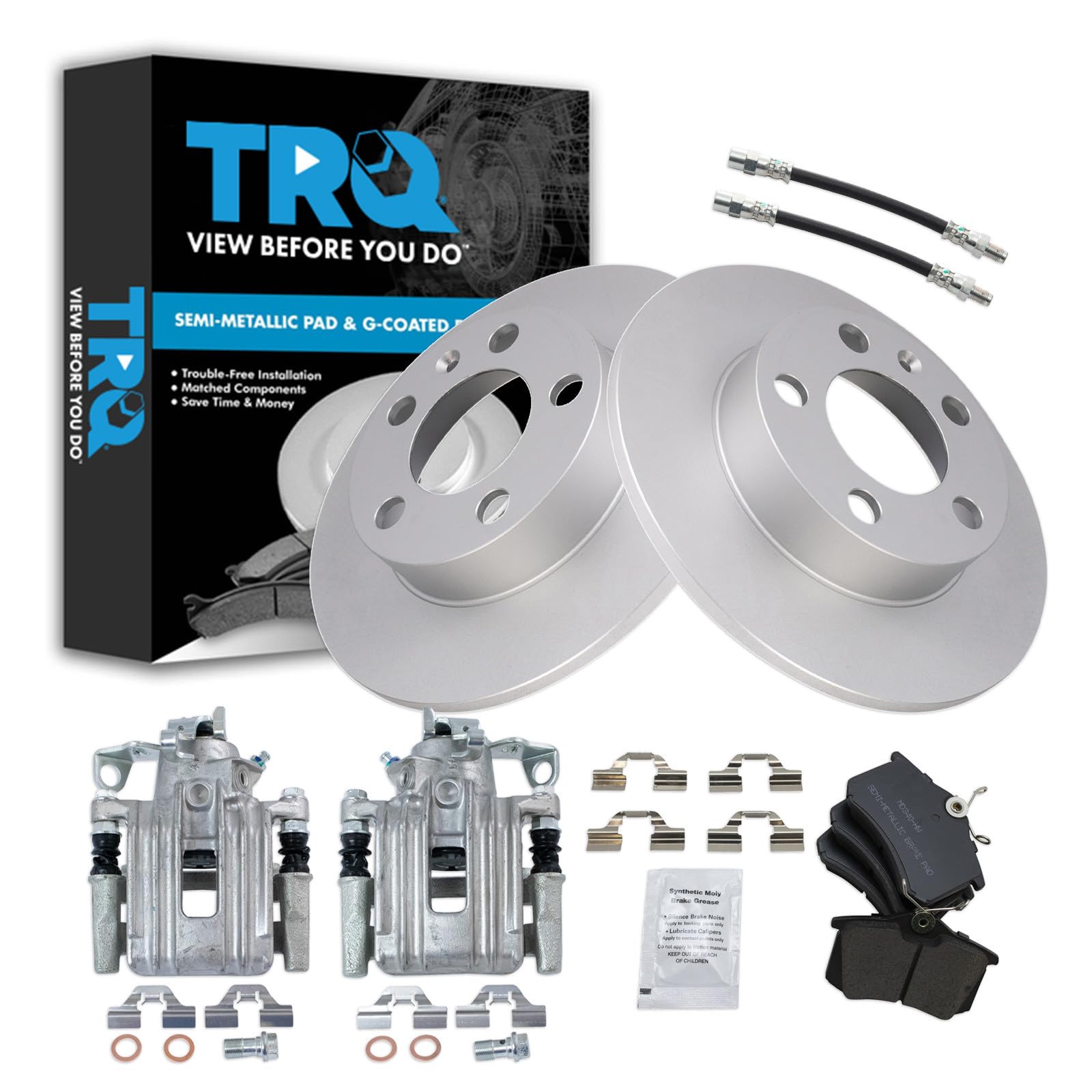 TRQ Rear Brake Pad and Rotor Set Semi Metallic G Coated Rotors Calipers Compatible with 1999 Volkswagen Jetta