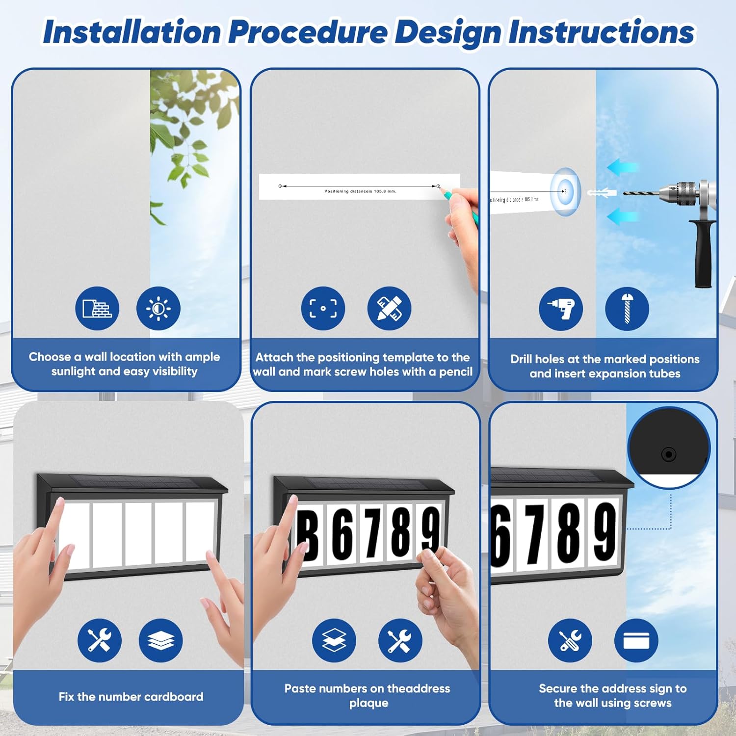 Solar-Powered LED Address Sign, IP65 Waterproof House Numbers with Dual Colors (3000K/6000K) for Door Mailbox Wall, Includes Mounting Kit