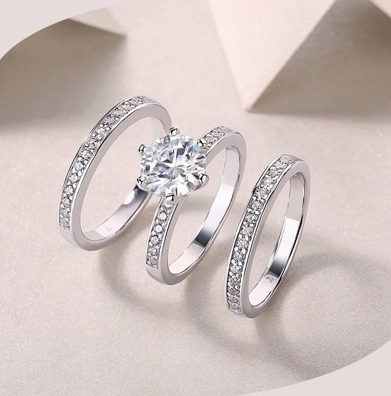 Anillo para mujer de oro, 2 quilates, moissanite, oro blanco, apilable, juego de 3 anillos de compromiso, anillos de oro auténtico para mujer