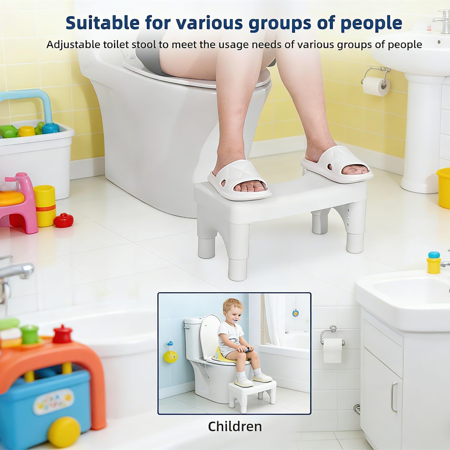 Adjustable Height Potty Step Stool for Adults, Non-Slip Bathroom Squat Aid, Removable Toilet Step for Colon Health, Portable Squat Stool, Family Health Accessory (White-2PCS)