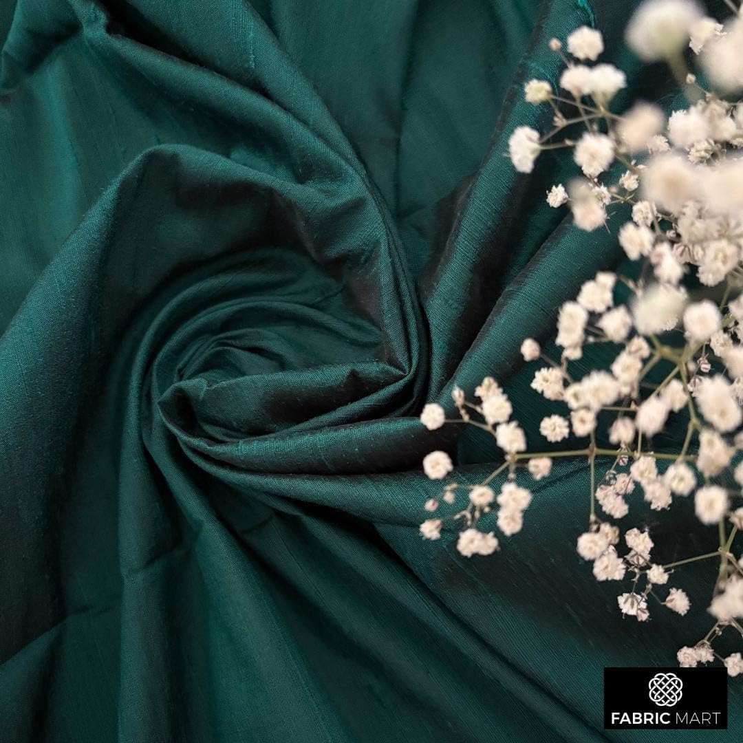 Fabric Mart Direct Dark Peacock Green Silk Dupioni Fabric By The Yard, 1 Yard 41 inches Width Slubbed Dupioni Silk Solid Color Green Combination Fabric, Wholesale Combination Upholstery