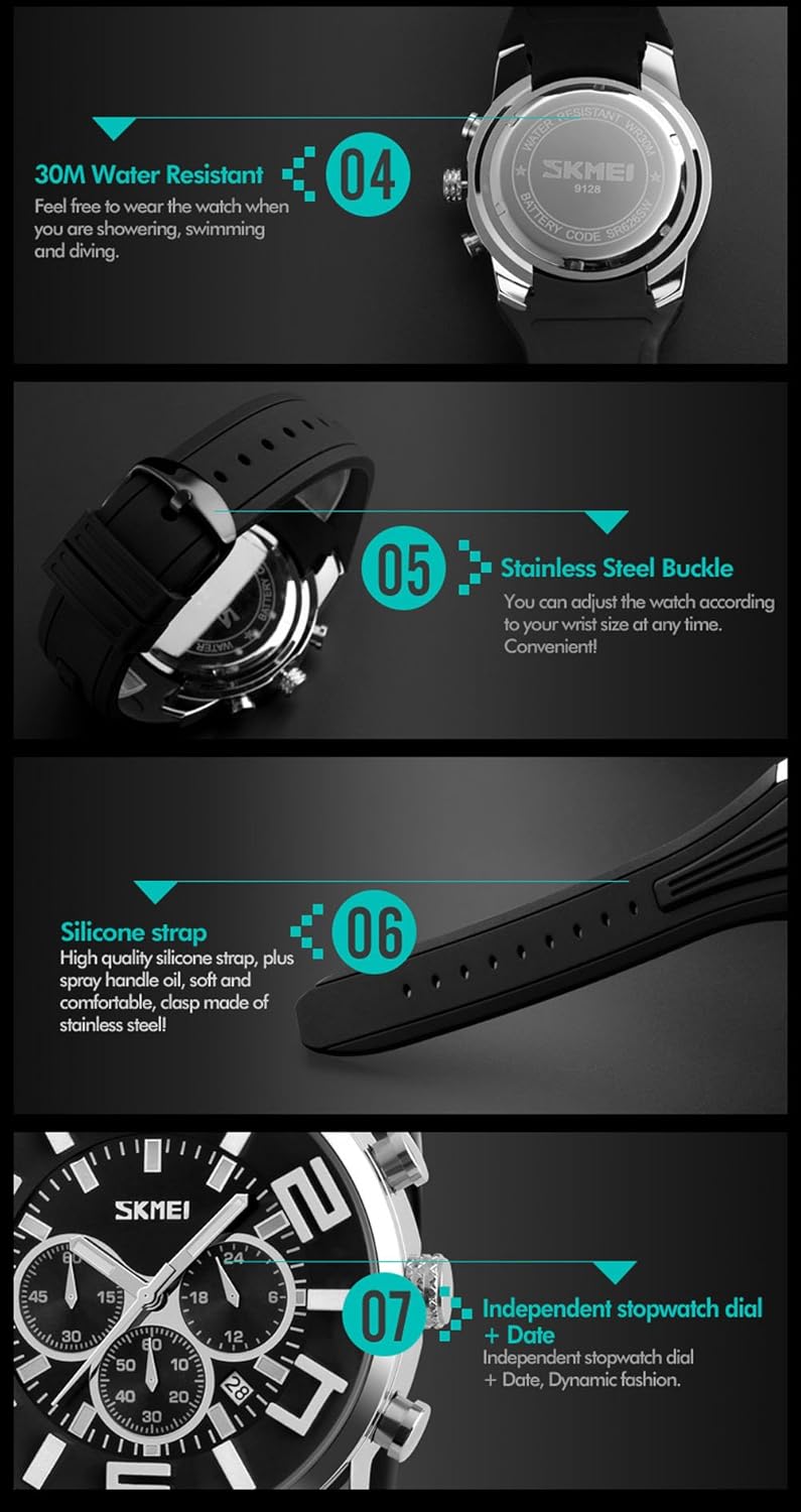 SKMEI 9128 Top Luxury Brand Quartz Watches Men Fashion Casual Wristwatches Waterproof Sport Watch Relogio Masculino (Orange)