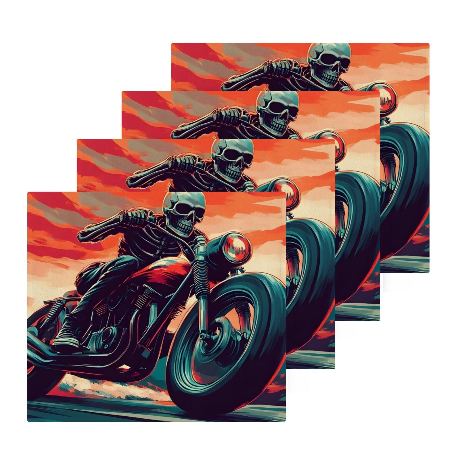 YANENDIE Retro Skeleton Motorcycle Washcloths Towels, Highly Absorbent and Soft Cotton Face Cloths, 4 Pack Quick Dry Wash Cloths - 12 X 12 Inches