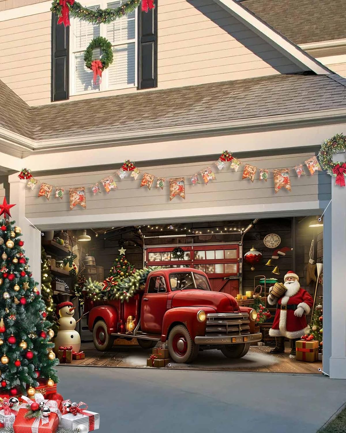 Christmas Garage Door Banner Cover 7 x 8 ft, Christmas Red Truck Xmas Tree Garage Door Decorations Holiday Christmas Backdrop Decor for Winter New Year Xmas Party