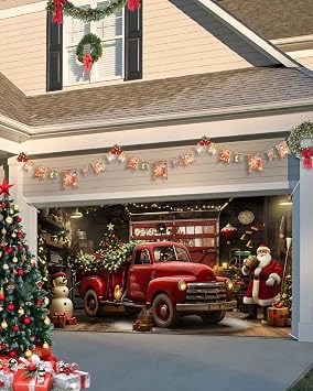 Christmas Garage Door Banner Cover 7 x 8 ft, Christmas Red Truck Xmas Tree Garage Door Decorations Holiday Christmas Backdrop Decor for Winter New Year Xmas Party
