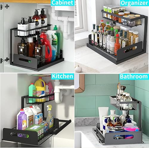 Miniatura 3 de Organizadores para debajo del fregadero, organizador de armario de cocina extraíble de 2 niveles deslizantes de metal debajo de la cocina, baño,