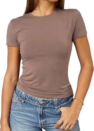 Abardsion Women's Casual Basic Slim Fit T-Shirts Summer Crop Tops Short Sleeve Crew Neck