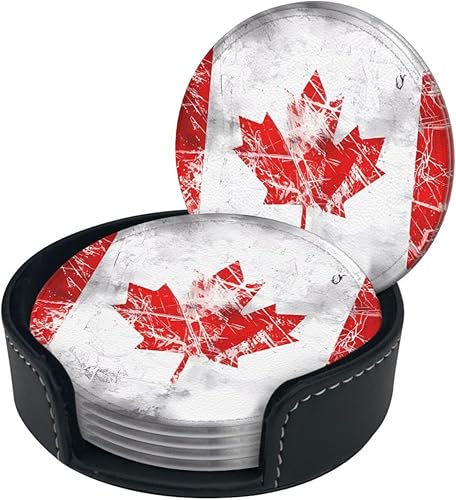 Miniatura 2 de Drink Coasters Set of 6, Retro Canada Flag Printed PU Leather Round Coaster with Holder for Outdoor, Office, Bar, Funny Heat-Resistant Home Desk
