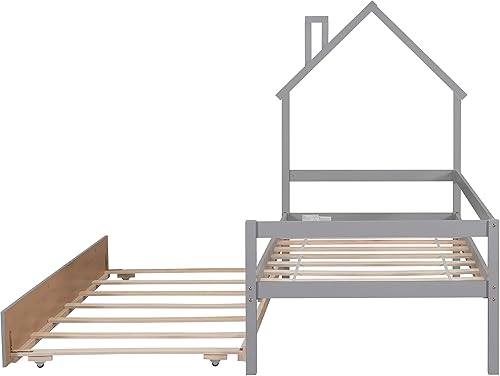 Miniatura 67 de Cama de plataforma de madera de tamaño individual con cabecero y cercas en forma de casa, sin rejas, cama de piso para dormitorio de niños
