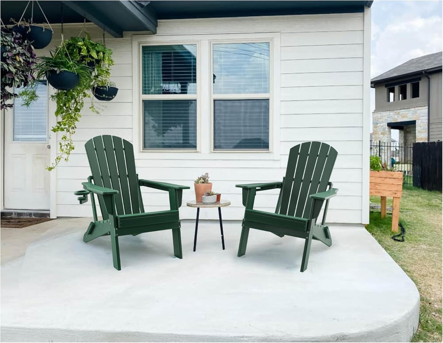 Upland HDPE Folding Adirondack Chair with Cup Holder,Weather-Resistant, Low Maintenance,Supports up to 400lbs,Green,4 Pack