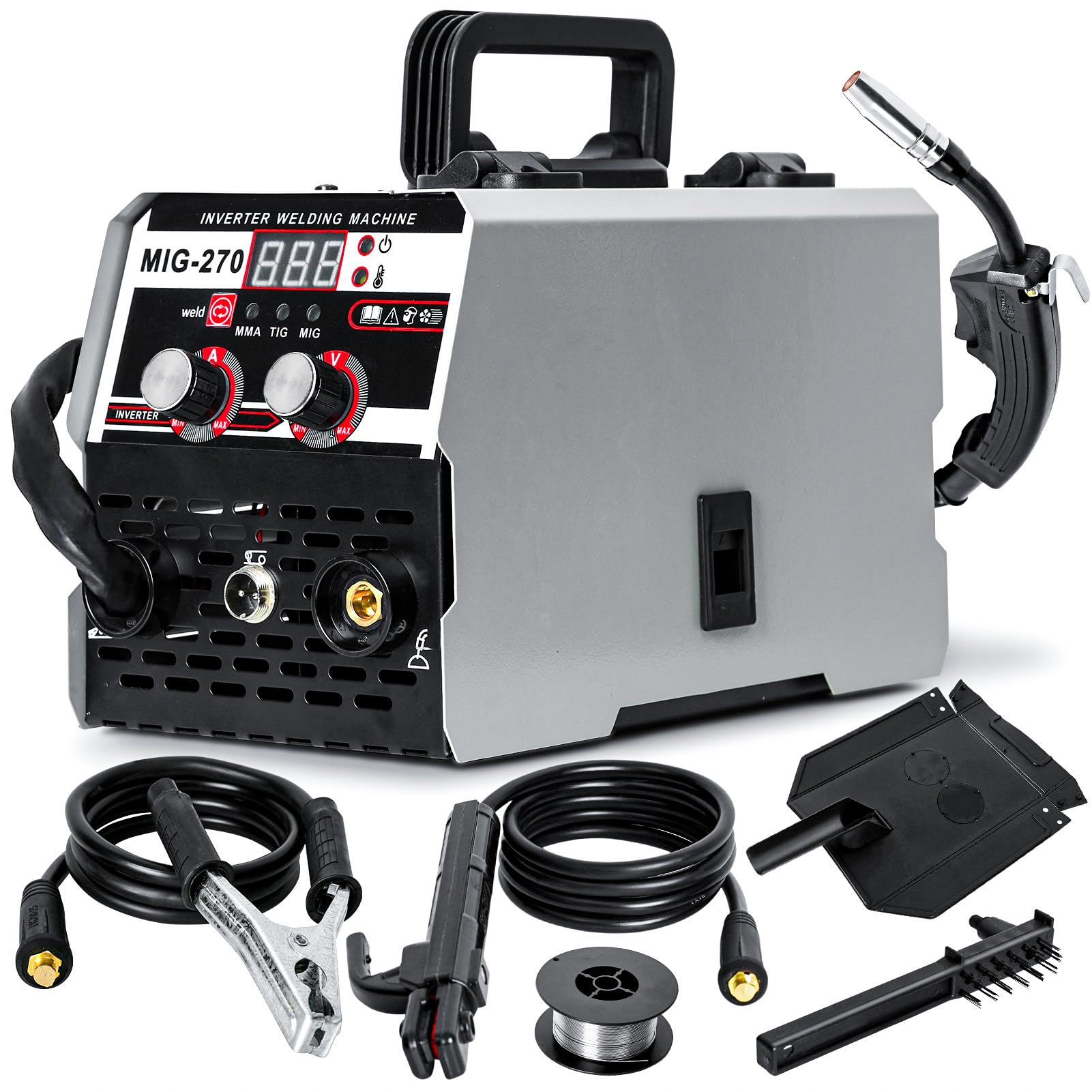 Gasless MIG Welder 220V 250A, 3 in 1 Multiprocess Welding Machine MIG/ARC/TIG, Digital Inverter LED Display, Portable Wire Welder Kit with Torch, Adjustable Current for Workshop (Grey)