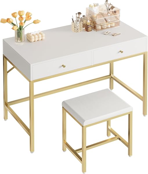 SUPERJARE 35.4 White Desk with 2 Drawers, Modern Makeup Vanity Desk with Padded Stool, Small Computer Desk Home Office D