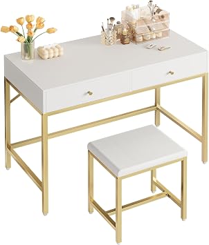 SUPERJARE 31.5" White and Gold Desk with 2 Drawers, Modern Makeup Vanity