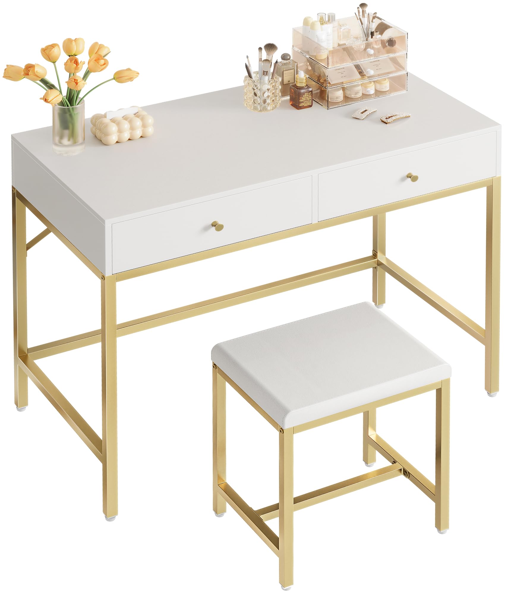 SUPERJARE 31.5" White and Gold Desk with 2 Drawers, Modern Makeup Vanity with Padded Stool, Small Computer Desk Home Office Desk for Writing Study