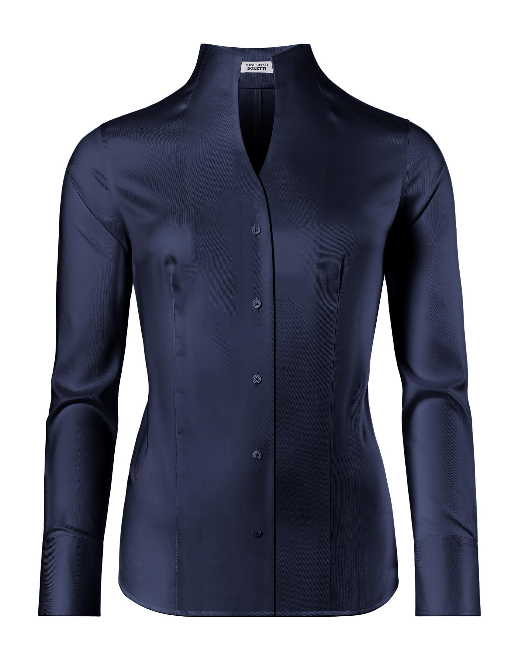 Vincenzo Boretti Damen Bluse mit Kelchkragen leicht tailliert 100% Baumwolle bügelleicht Langarm Hemdbluse mit Stehkragen elegant festlich auch für Business