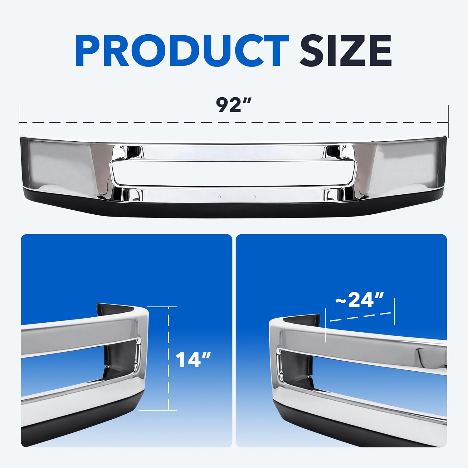 Kozak Bumper without Fog Light Holes Chrome with Lower Deflector, compatible with Volvo VNL 2018+. PLUS Logo with Stripe, Brackets, License Plate Frame, 2x 22" Windshield Wipers and Reflective Vest