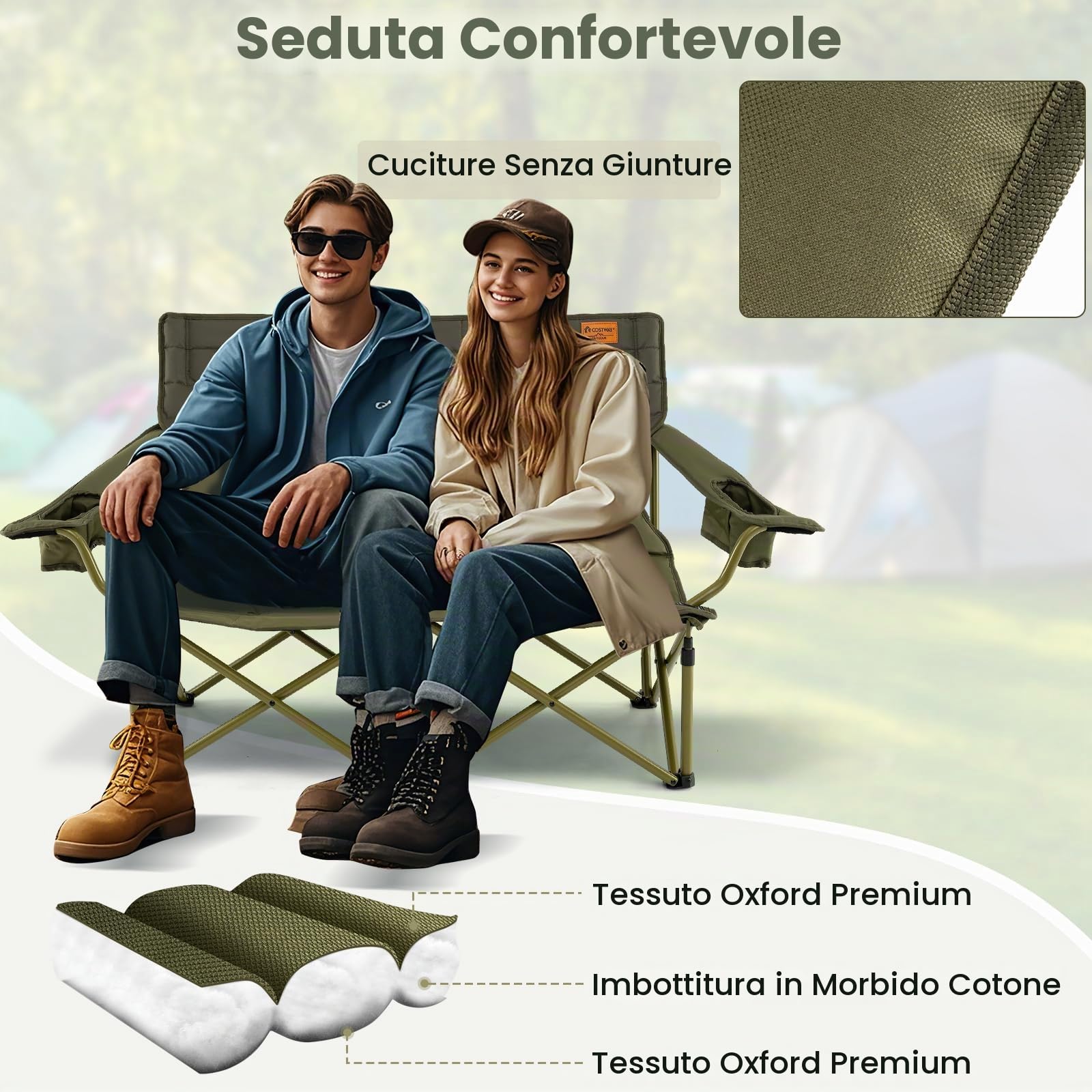 KOMFOTTEU Sedia da Campeggio Pieghevole con Braccioli Regolabili, Sedia da Esterno Portatile con Borsa di Trasporto e Porta Bicchieri, Poltrona per 2/3 Persone, per Pesca, Giardino (Modello II-Verde)