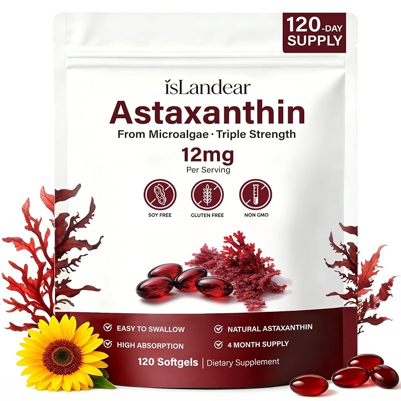 isLandear Suplemento antioxidante de astaxantina 12 mg, 120 cápsulas softgel