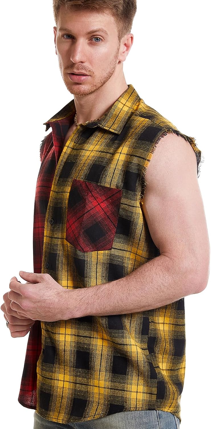 Sleeveless Plaid Front Shirt for Men,Cowboy Button Down Shirts - Image 5