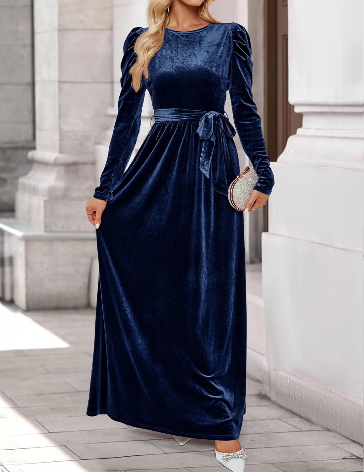 ZESICA Women's Velvet Maxi Dress Fall 2026 Long Puff Sleeve Crew Neck Elastic High Waist Cocktail Party Bridesmaid Dresses - Image 2