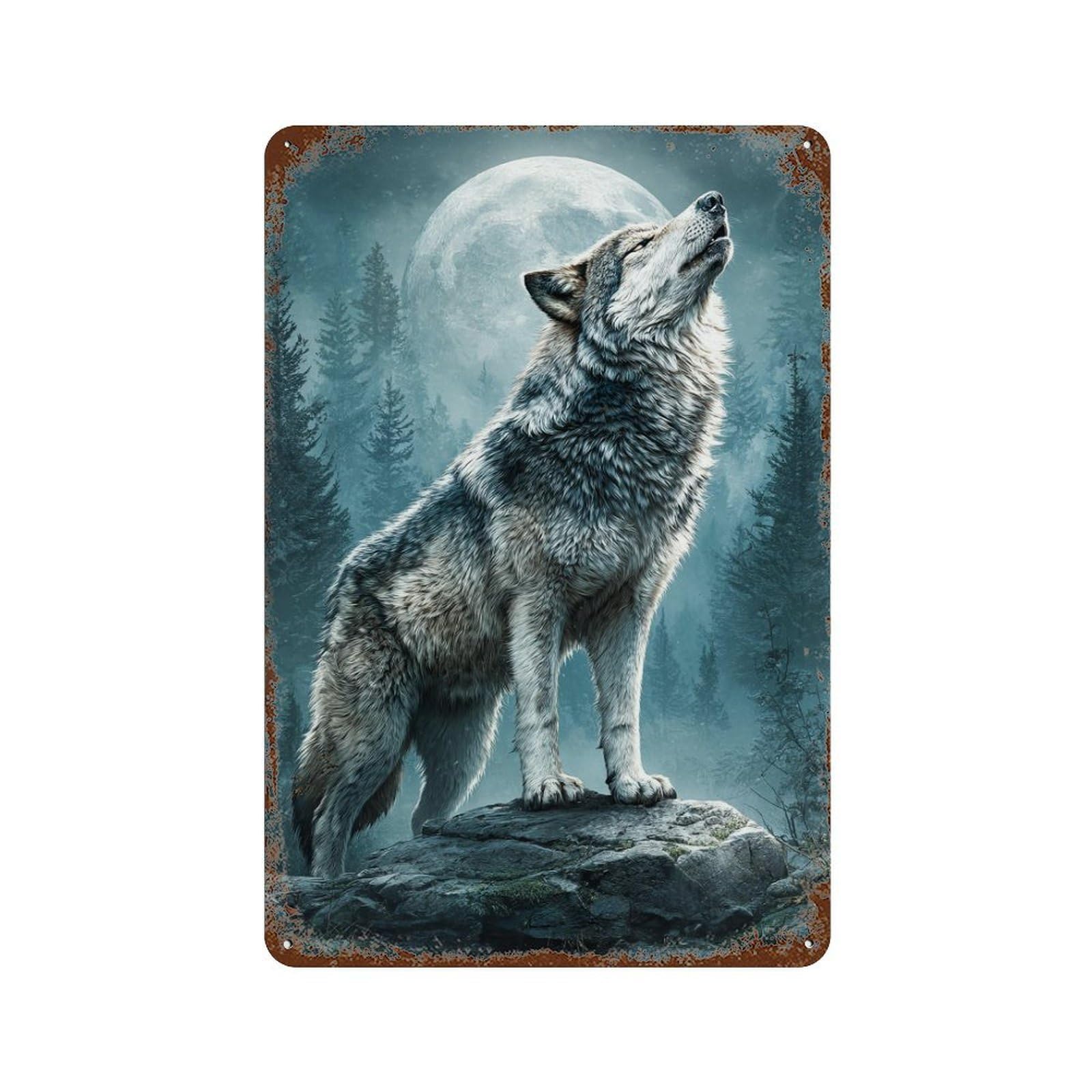 Wolf Howling at Moon-9 Rust Effect Tin Sign 11.8"x7.9", Vintage Wall Decor for Garage, Pub Or Kitchen