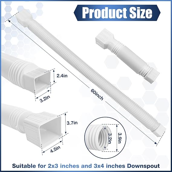 Loyala 2PCS Gutter Downspout Extensions Flexible Drain Downspout Extender Gutter Connector Rainwater Drainage Expandable up to 60 (White)