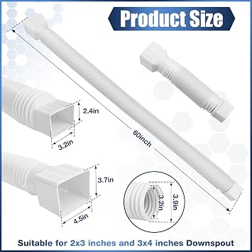Loyala 2PCS Gutter Downspout Extensions Flexible Drain Downspout Extender Gutter Connector Rainwater Drainage Expandable up to 60 (White)