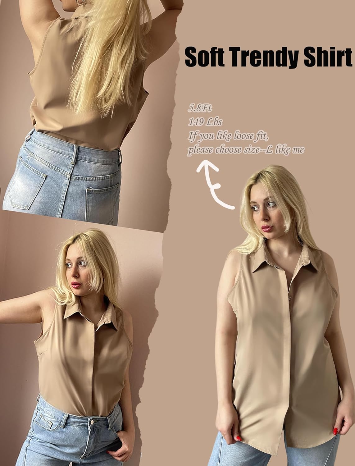 HOTOUCH Women's Sleeveless Button Down Shirts Hidden-Button Front Collared Dressy Casual Blouses Loose Office Tank Tops - Image 4