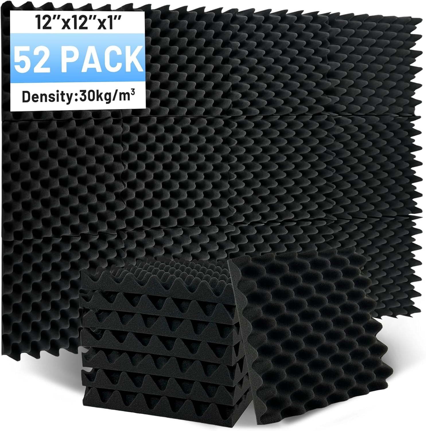 Focusound 52 Pack Acoustic Foam Panels, 1"X12"X12" Egg Crate Sound Proof Foam Panels for Walls, High Density Noise Cancelling Soundproofing Wall Panels